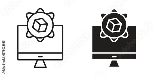 Computer simulation icon symbol set in black. line and flat icons