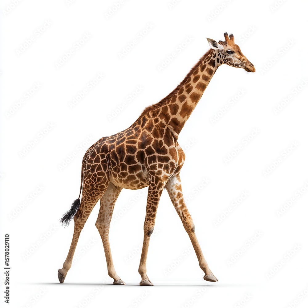 Fototapeta premium Majestic adult giraffe walking gracefully against clean white background, showcasing distinctive spotted pattern and long neck in wildlife photography with free copy space for text