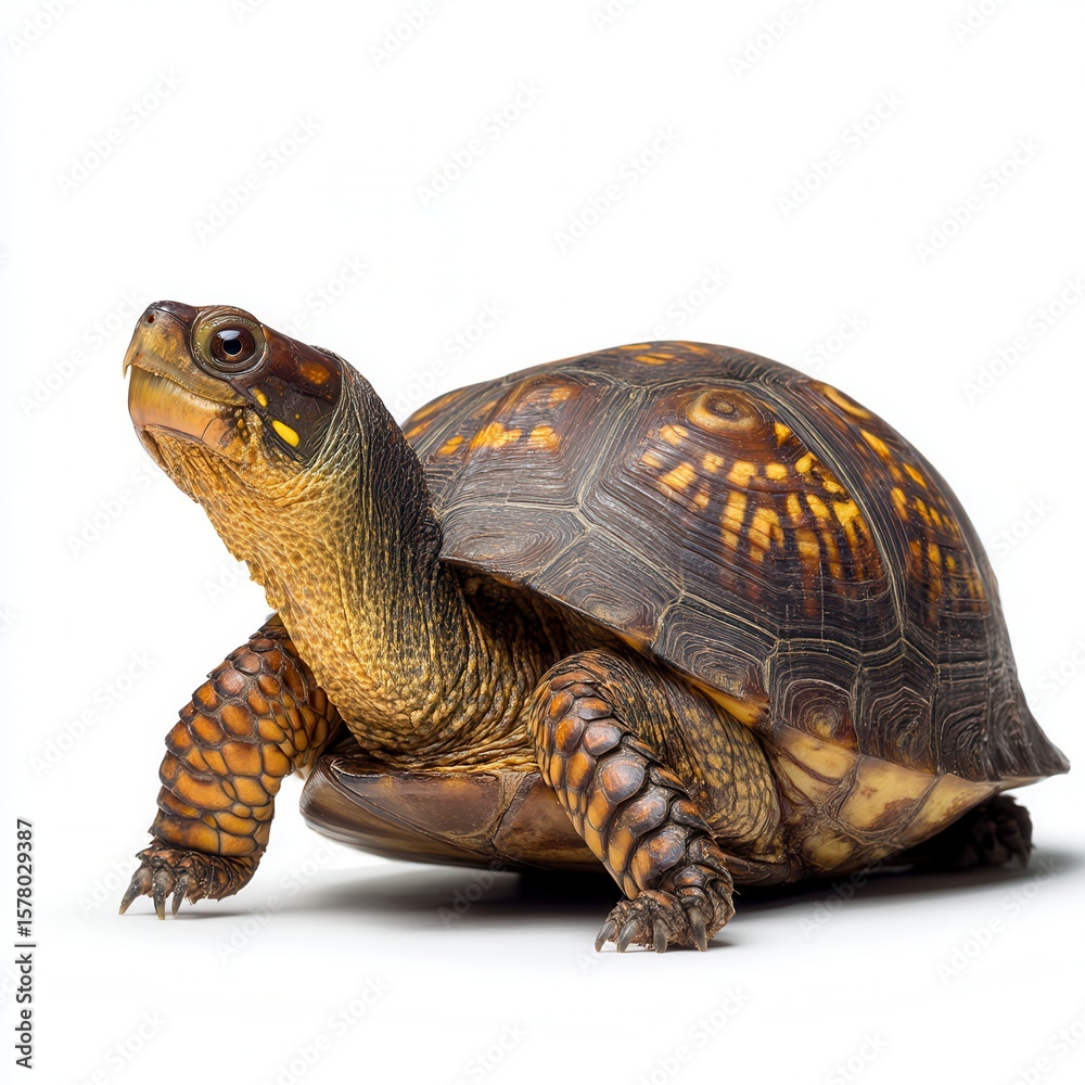 Obraz premium Majestic Box Turtle with Distinctive Orange and Brown Patterned Shell Against White Background, Wildlife Photography of Reptile Species in Studio Setting with Clean Background
