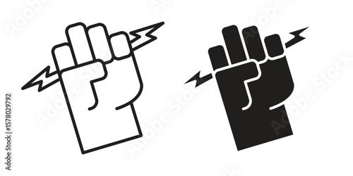 Hand with Power icon symbol set in black. line and flat icons