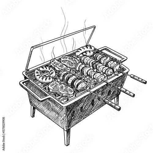 Brazilian Barbecue Grill. Detailed line drawing, skewered meats & vegetables. Outdoor cooking, summer feast. Restaurant menu, recipe books, food event promotion