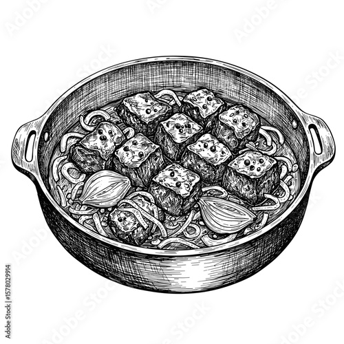 Carbonnade flamande dish with beef and onions in a pot  