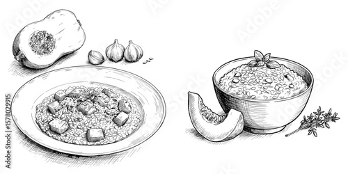 Butternut squash risotto in bowl and plate with garlic and herbs  