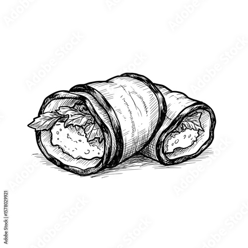 Eggplant Involtini Dish. Detailed line illustration, fresh ingredients. Italian cuisine, healthy, vegetarian meal. Menu, recipe, food blog, packaging