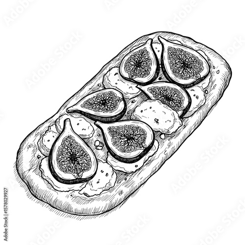 Fig and goat cheese flatbread illustration in monochrome style  