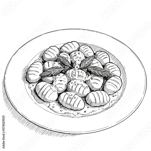 Gnocchi with Sage & Brown Butter. Detailed monochrome illustration, on a plate. Italian cuisine, comfort food, gourmet. Menu, recipe, food blog, packaging