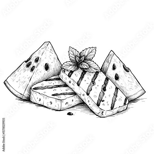 Grilled Halloumi with Watermelon & Mint. Crisp line art, stylized. Fresh, Mediterranean cuisine, summer dish, healthy eating. Menu design, recipe books, food blogs, packaging