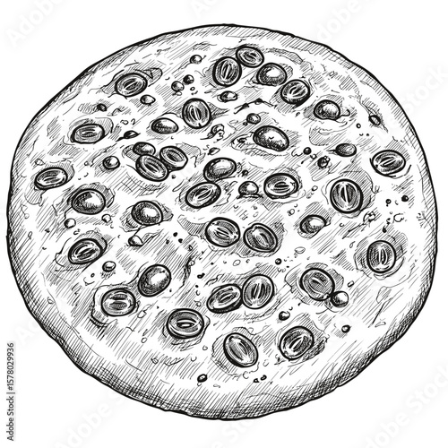 Grape Focaccia Flatbread. Sketchy line art, detailed illustration. Italian bakery, savory snack. Menu, recipe, food packaging, culinary design