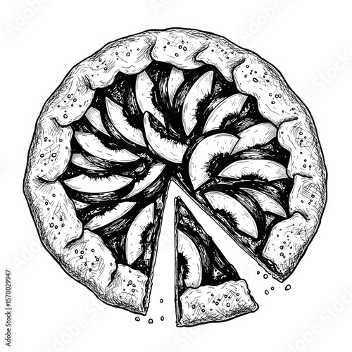Peach Galette Dessert. Hand-drawn outline, textured crust & sliced fruit. Sweet pastry, homemade baking. Recipe book, menu design, food blog, packaging
