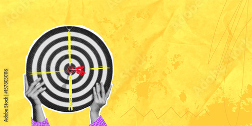 Trendy halftone art collage depicting a hand holding a target. Concept of goal achievement, business and finance.