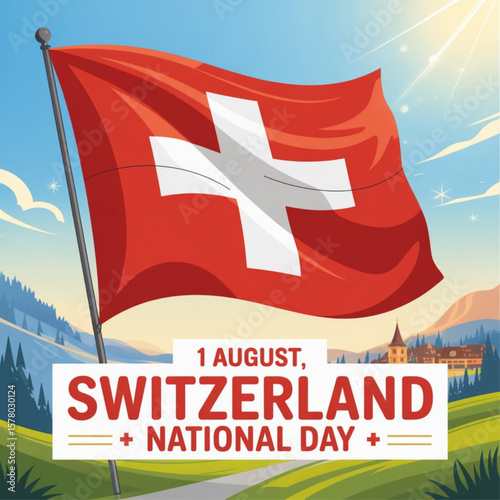1 August, Swiss Independence Day background in national flag color theme. Vector illustration Swiss National Day. Celebration banner with waving flag. 
