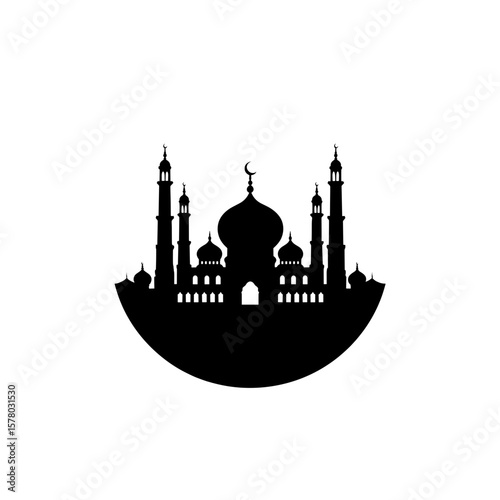 Silhouette of a mosque with minarets and a crescent moon at the top of the central dome design art