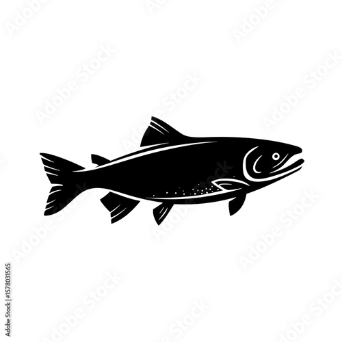 Illustration of a salmon fish with detailed fins and open mouth swimming in side view rendered in vector format