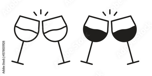 Wine toast icon symbol set in black. line and flat icons