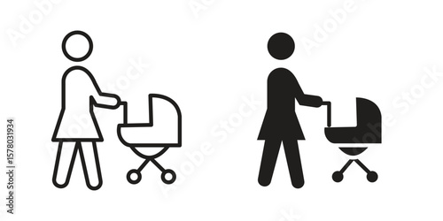 Woman with Baby Stroller icon symbol set in black. line and flat icons