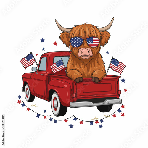 clipart of a highland cow wearing American flag sunglasses sitting at a back of a red truck with tiny American flags 