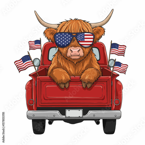 clipart of a highland cow wearing American flag sunglasses sitting at a back of a red truck with tiny American flags 