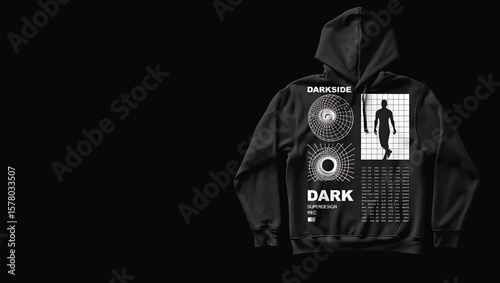 Black Hooded Sweatshirt Featuring Geometric Designs Silhouetted Figure and Dark Superdesign Rec Text