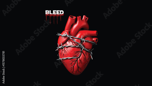 Realistic Red Human Heart Wrapped in Barbed Wire Against Black Background Bleed Text Overlay