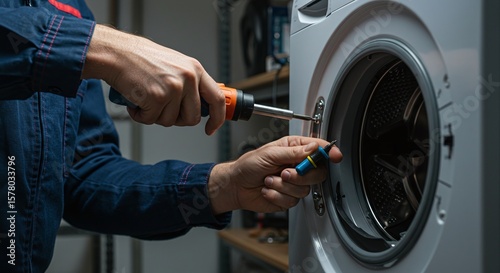 Technician Repairing Washing Machine Using Screwdriver in Modern Laundry Room