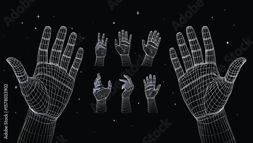 Wireframe Hands Reaching Upward Against Black Background with White Stars Digital Art