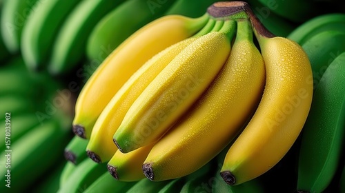 Bunch of yellow bananas resting on top of green bananas in close proximity