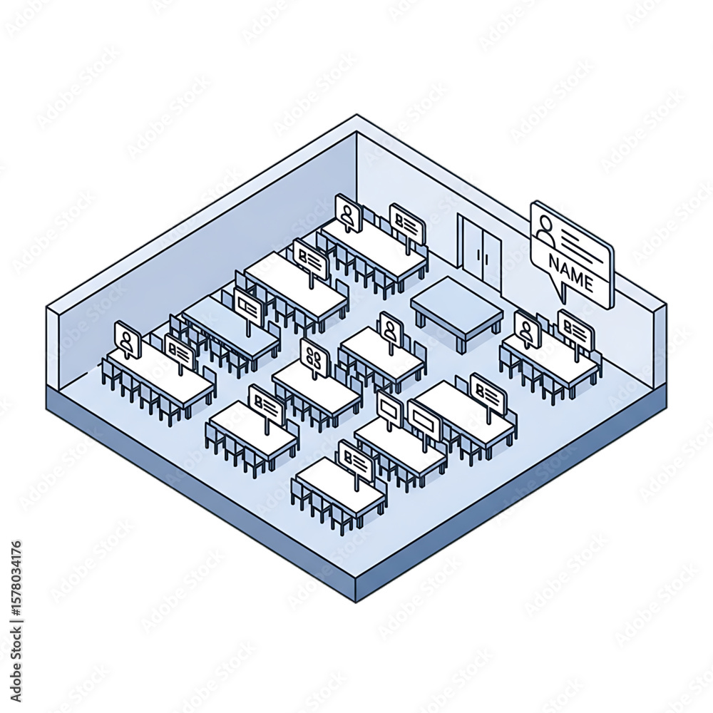 Fototapeta premium Empty classroom layout with multiple desks.