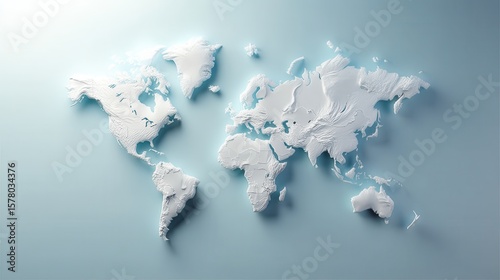Minimalist 3d world map on soft blue gradient background showing simplified continents