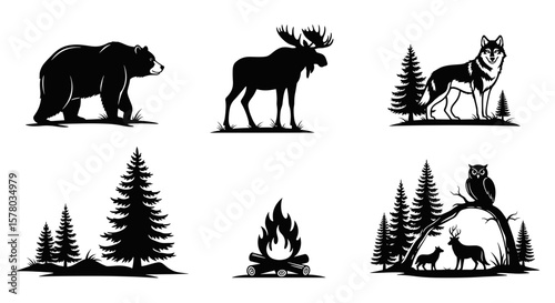 Six nature scenes featuring a bear, moose, wolf, trees, campfire, deer, and owl in silhouette style