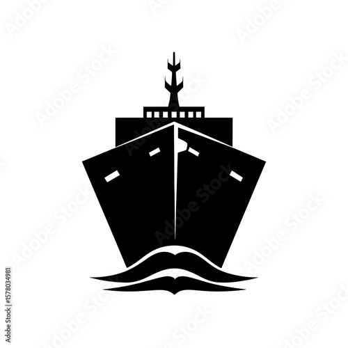 Front view of a ship with waves and mast in a stylized graphic representation for nautical themes use