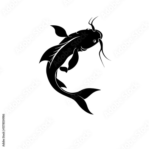 Illustration of a catfish with flowing fins and whiskers in a stylized design element art form