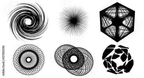 Assorted abstract geometric and organic shapes displayed in a graphic arrangement of six elements