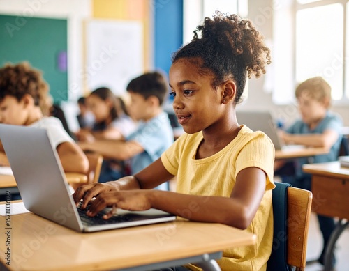 Elementary School Children Learning Basic Computer Knowledge: Diverse Kids in a Modern Colorful Classroom. Schoolchildren Getting Experience with Technology.