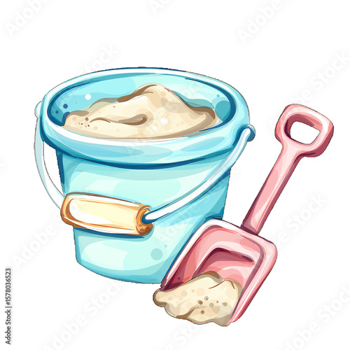 Joyful days of summer spent at the beach, where fun and relaxation and colorful beach bucket filled with sand is ready for creative play