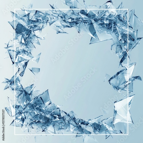featuring transparent glass shards arranged in a dynamic mosaic set inside a sleek clear border modern and isolated