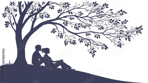 Couple Sitting Under Tree Silhouette – Romantic Calm Moment
