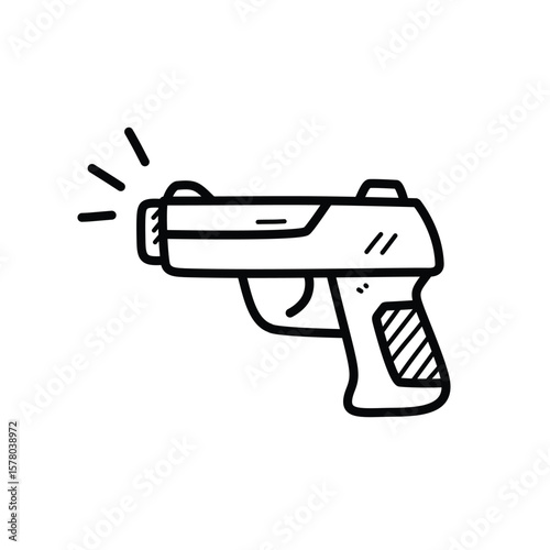 Simple black and white doodle illustration of a handgun or pistol. Hand-drawn vector icon style, perfect for comics, apps, stickers, and design elements related to weapons or defense.
