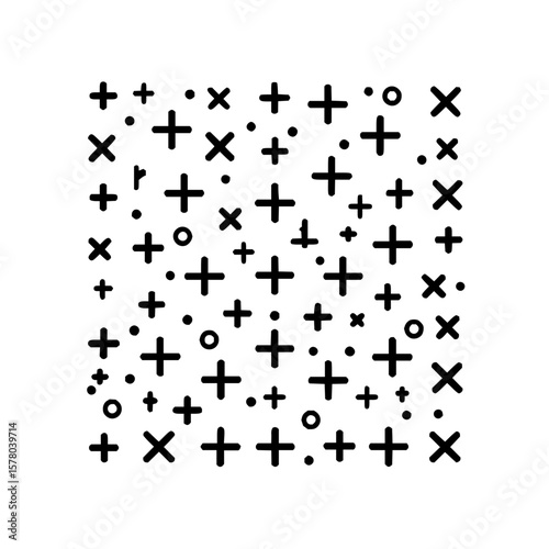 Scattered black plus signs x marks and circles on a white background creating a pattern design element