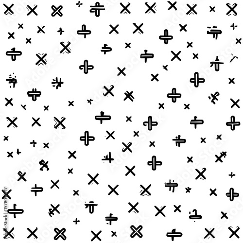 Seamless pattern of scattered black crosses and plus signs on a white background creating a simple design