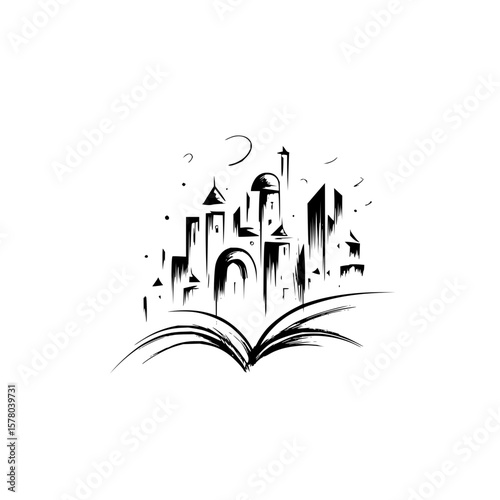 Black and white sketch of a city skyline rising from an open book under a crescent moon design