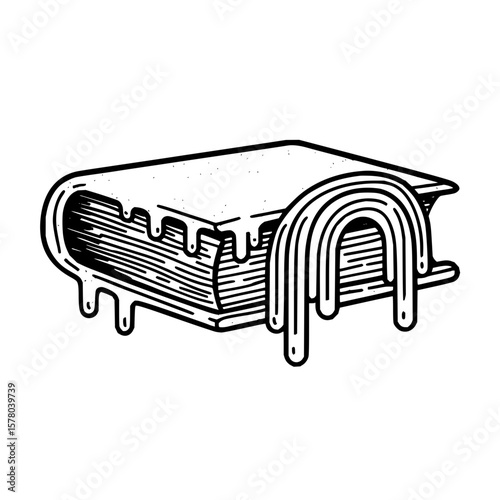 Illustration of a book with dripping liquid or paint running down the sides in black and white style