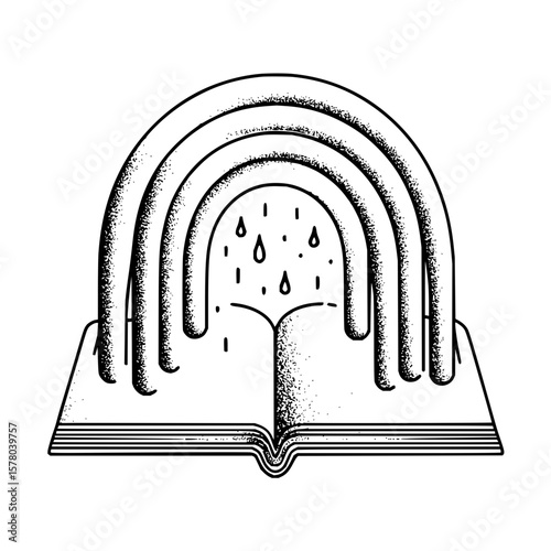 Illustration of an open book with a rainbow arching above and raindrops falling from the center arch