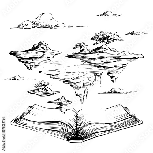 Open book with floating islands and trees in a black and white sketch style detailed illustration