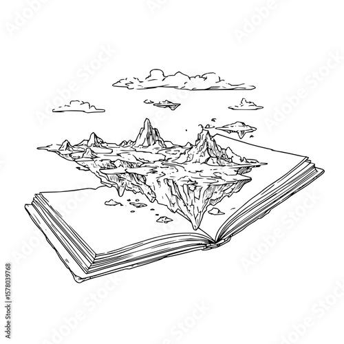 Illustration of a fantasy landscape rising from an open book with clouds and flying objects above it
