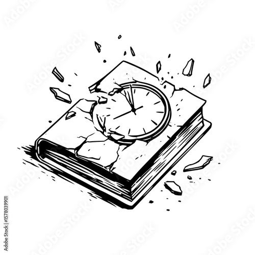 Illustration of a cracked book with a clock on top and debris around it in black and white style