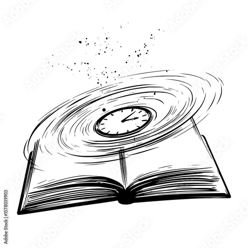 Open book with clock and swirling lines above it, with ink splatters on a white background drawing style
