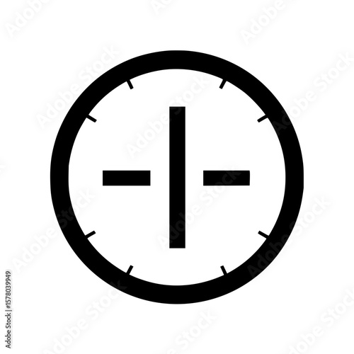 Illustration of a clock face with short dashes around the perimeter and plus sign hands visible