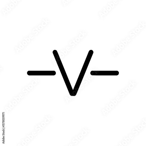 Schematic symbol for ground connection with horizontal lines and inverted v shape in black color isolated