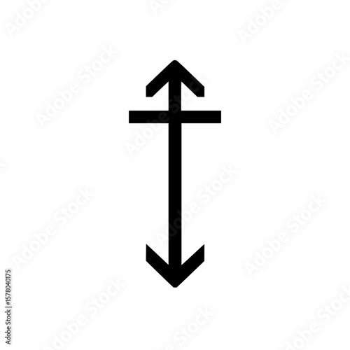 Black vertical arrow with a line through the top pointing both up and down on a white background