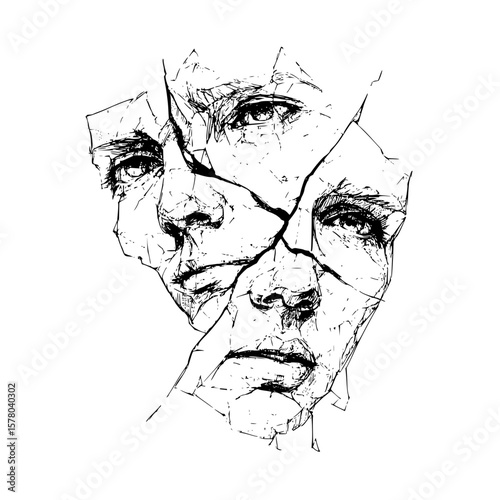 Abstract shattered face portrait with three sets of eyes in black and white sketch style drawing